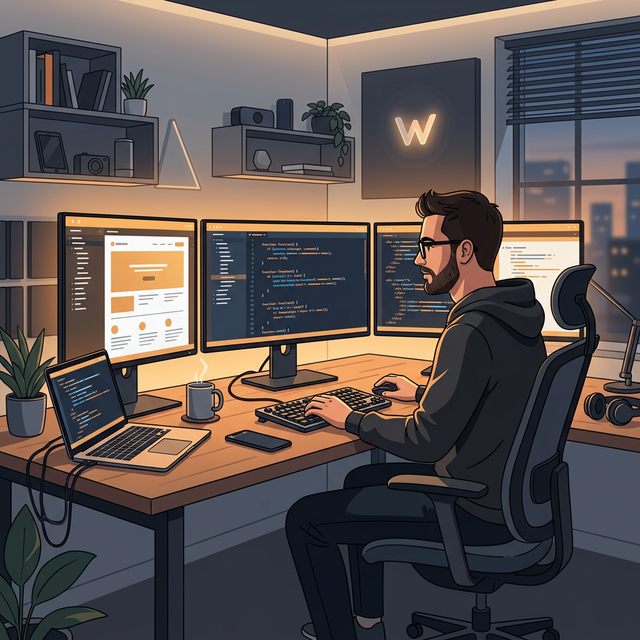 Website updates service — developer at a multi-screen workstation by Advanta Nottingham