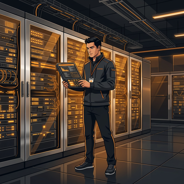 Illustration of person monitoring wordpress hosting servers in data centre.
